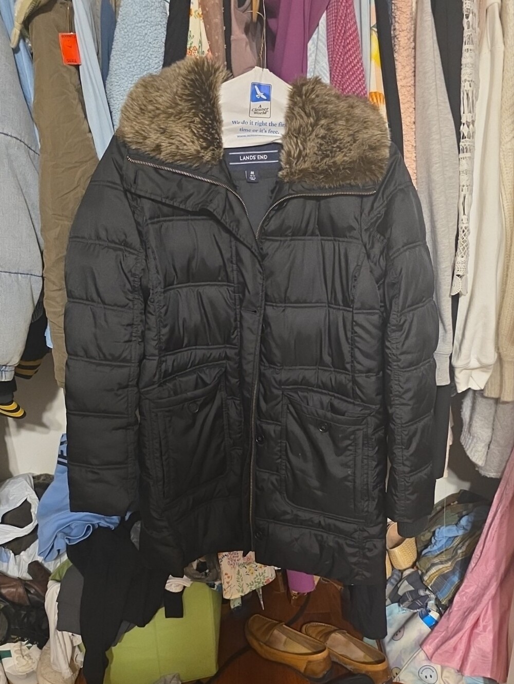 Lands' End Black Women's Long Puffer Coat with Faux-Fur Collar
